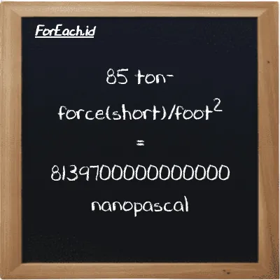 85 ton-force(short)/foot<sup>2</sup> is equivalent to 8139700000000000 nanopascal (85 tf/ft<sup>2</sup> is equivalent to 8139700000000000 nPa)